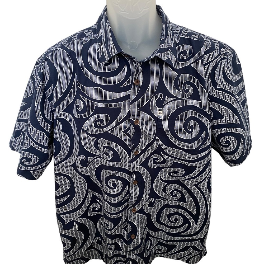 QUIKSILVER Navy Blue & White Aloha Hawaiian Collared Shirt Men L Large